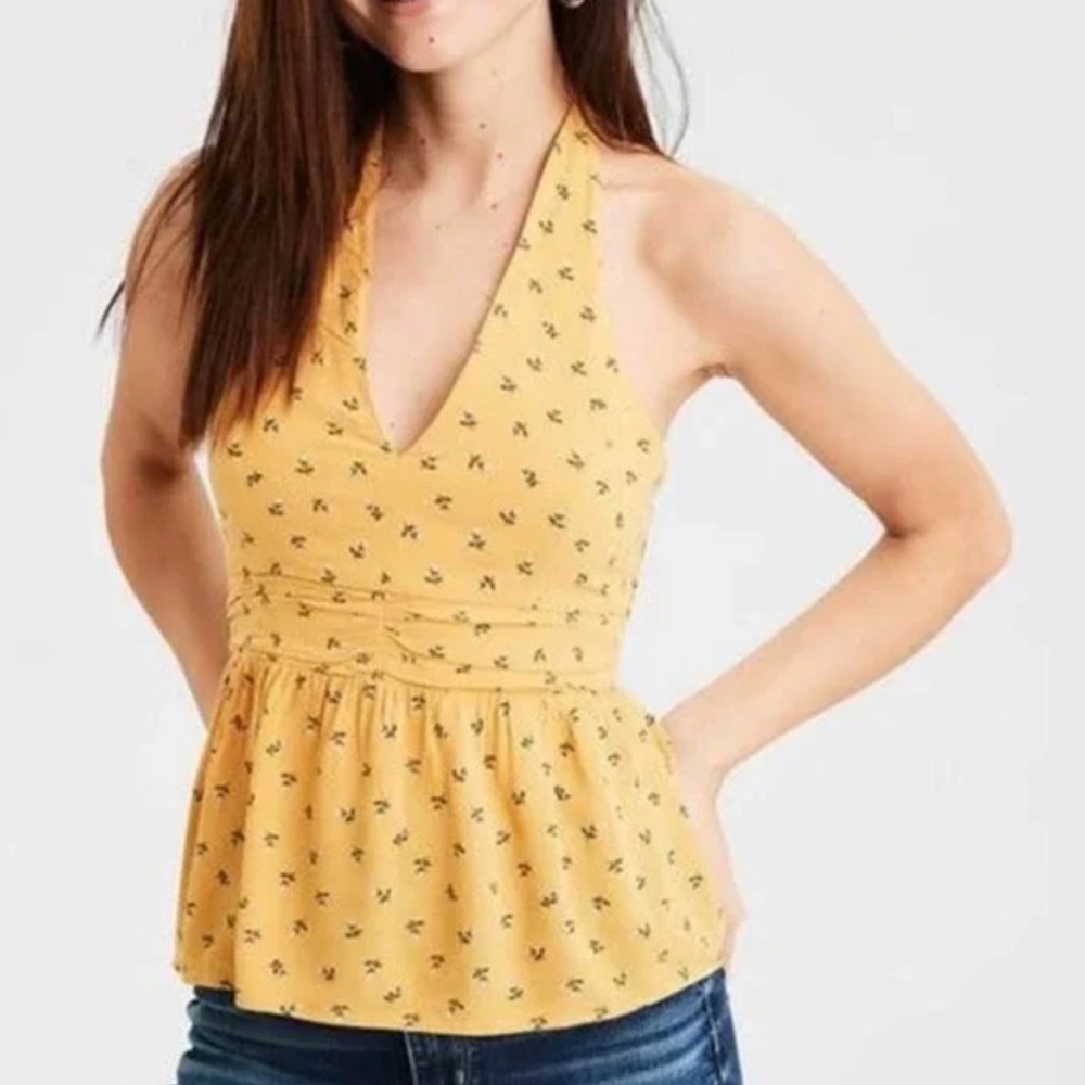 American Eagle Yellow Halter with Embroidered Roses Pattern Size XL